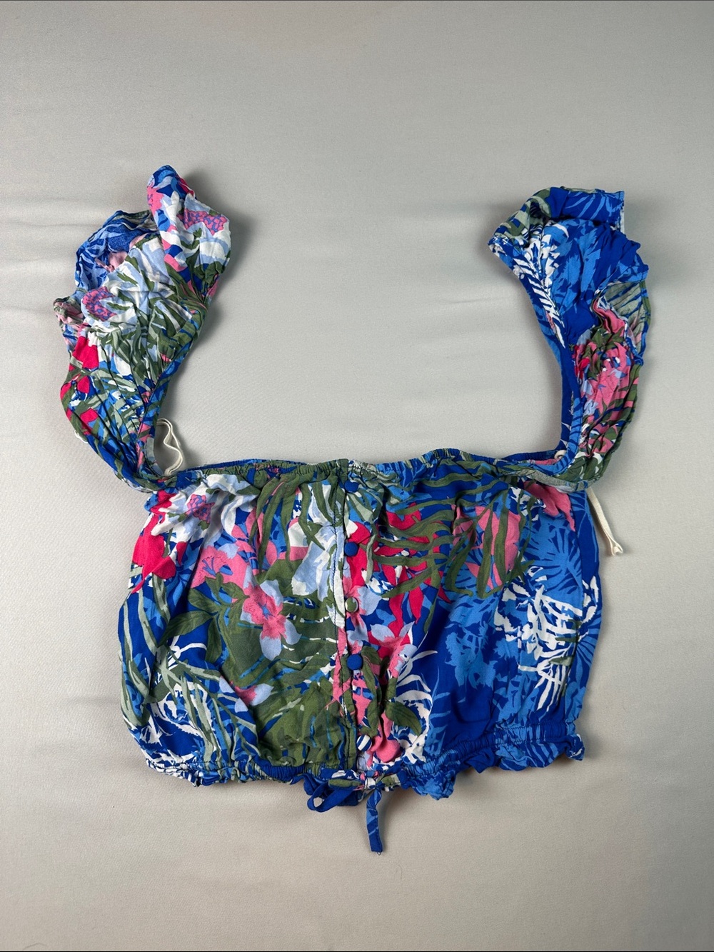 Blue Tropical Floral Crop Top Tie-Front Women’s